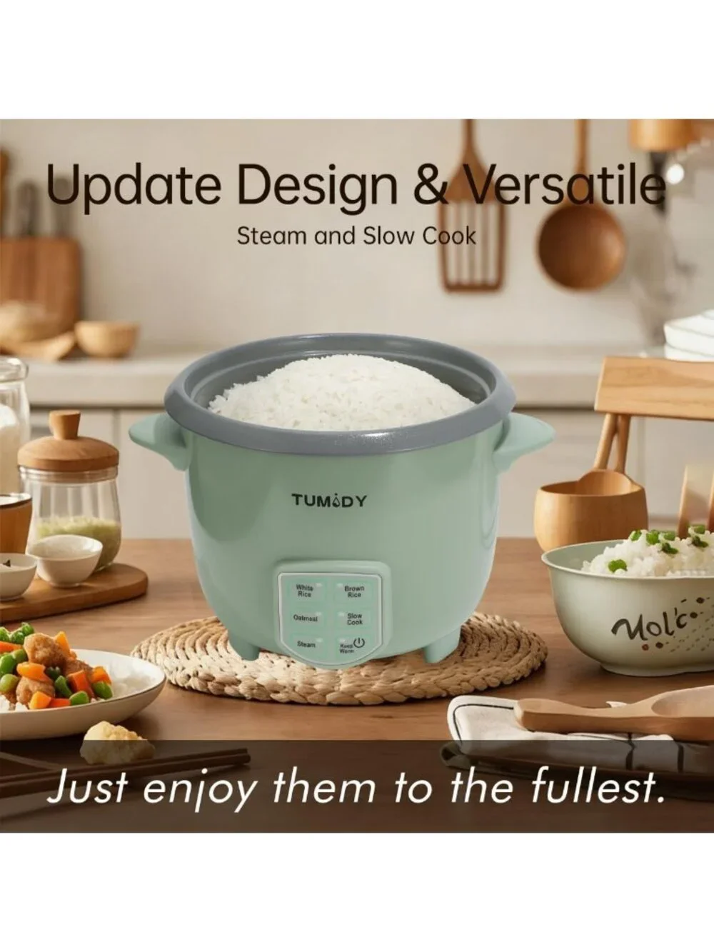 Compact 3-Cup Rice Cooker & Steamer, 6-Cup Capacity, Easy Clean, Green Kitchen